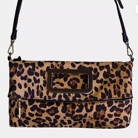 INC International Concepts Leopard Print Foldover Crossbody Clutch Brown -NWOT - Picture 3 of 4